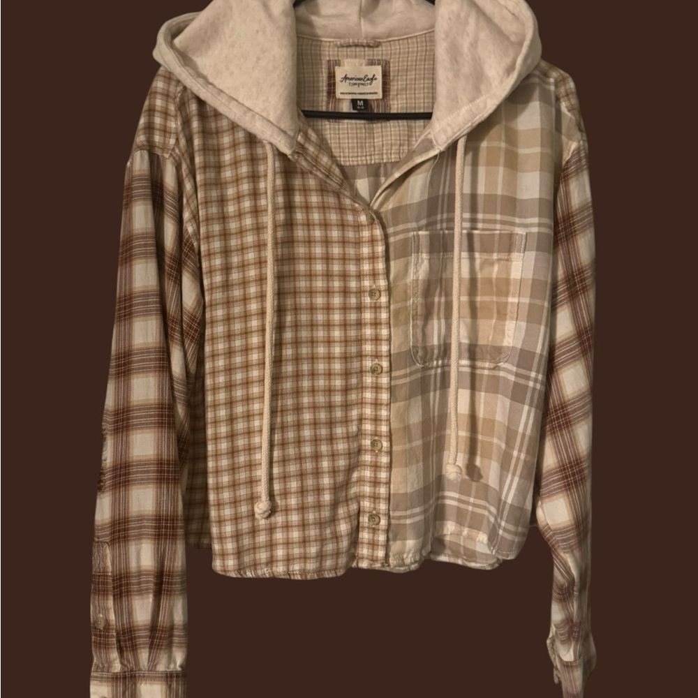 American Eagle Outfitters Beige and Cream Plaid Hooded Button-Up